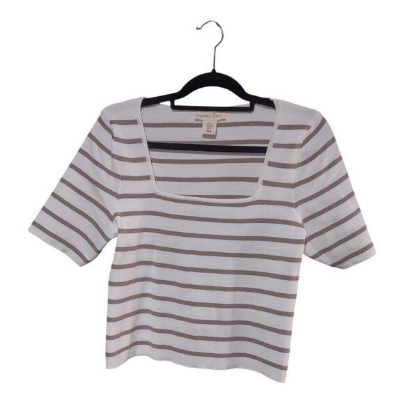 Women's White/Tan Striped Square Neck Short Sleeve Tee Size XL - 3FOR$25 - - Picture 1 of 6